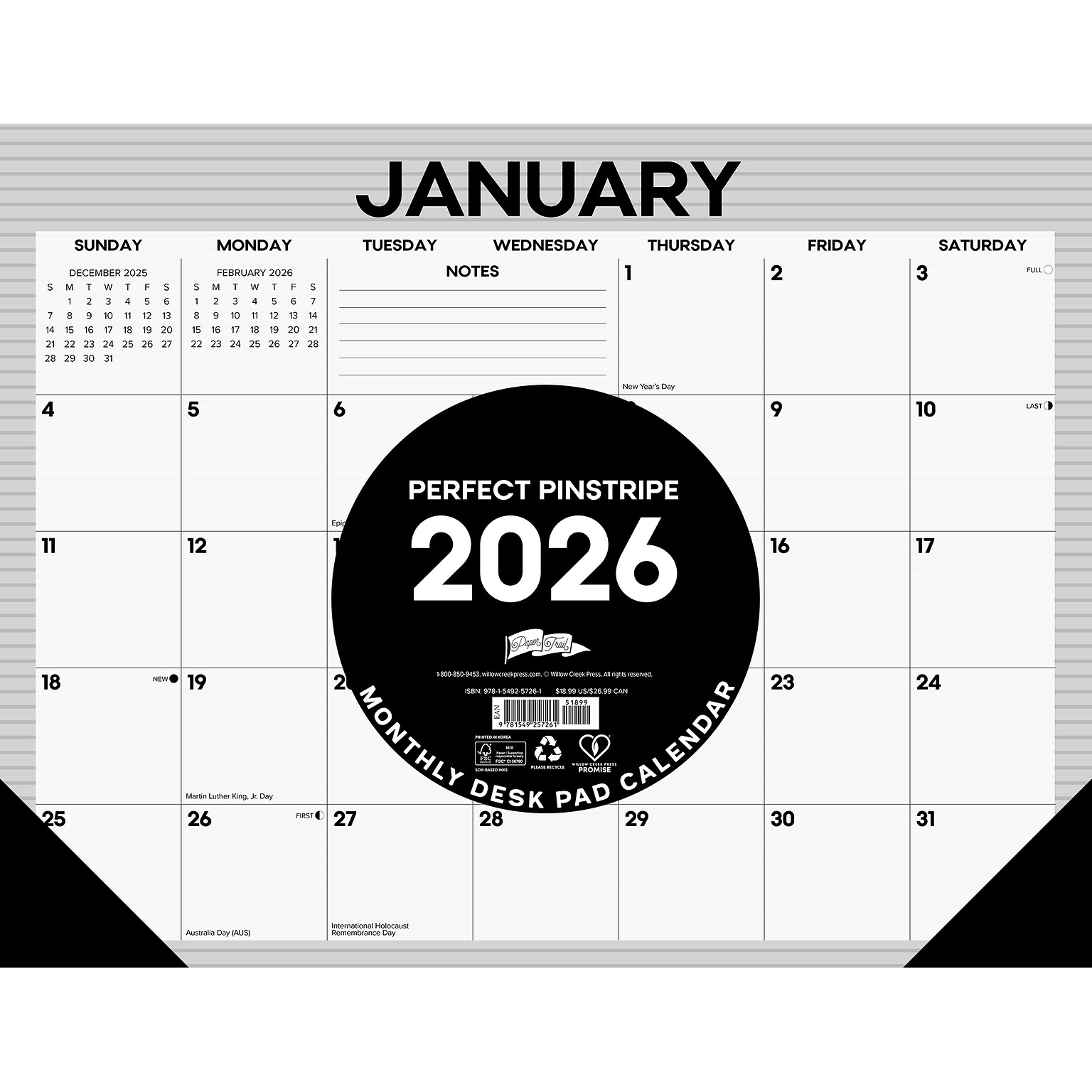 2026 Willow Creek Pinstripe 22 x 17 Monthly Desk Pad Calendar, Gray (57261)