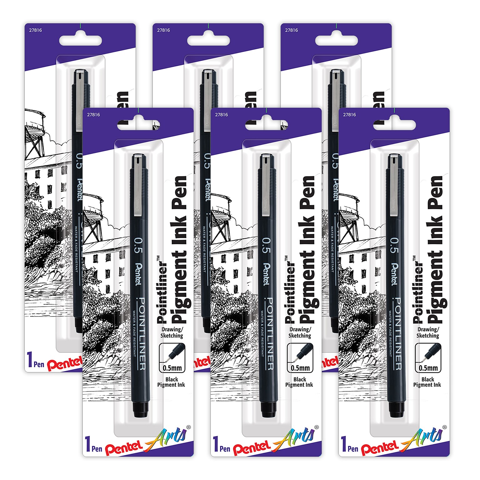 Pentel Arts Pointliner Pen, Black Pigment Ink, 6/Pack (PTAS20P5BPA-6)