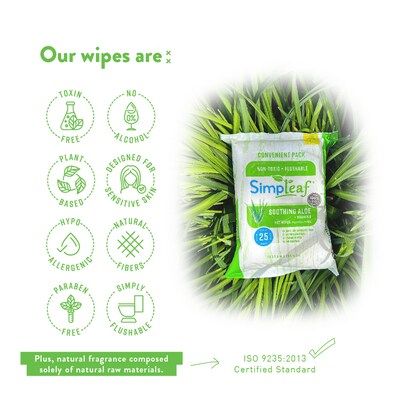 Simpleaf Aloe Vera Scented Flushable Wipes, 25 Single Wipes/Pack, 12 Packs/Box (S-001-12pack)