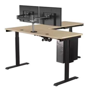 VersaDesk PowerLift 60"W Electric L-Shaped Adjustable Standing Desk, Maple/Black (PLLSD6060-BM-APP)
