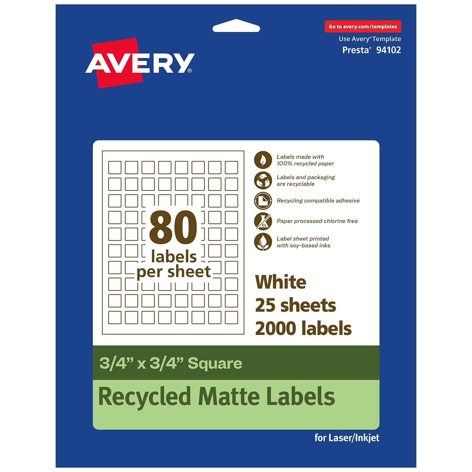 Avery EcoFriendly Laser/Inkjet Square Multipurpose Labels, 3/4 x 3/4, White, 2000/Pack (94102)