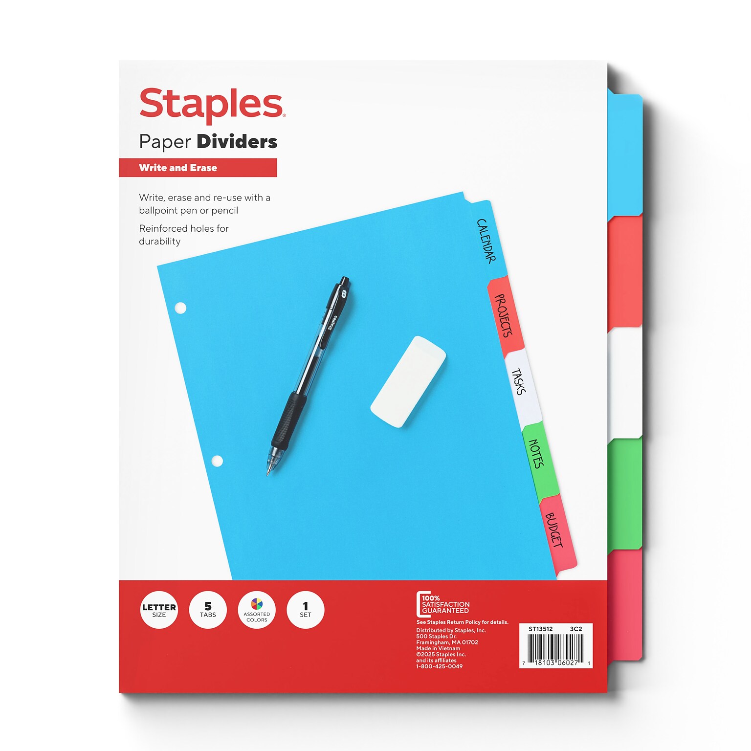 Staples Write & Erase Paper Dividers, Assorted Colors, 5-Tabs (13512/23180)