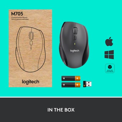 Logitech M705 Marathon Wireless Ergonomic Optical USB Mouse, Charcoal (910-001935)