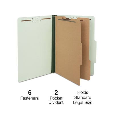 Quill Brand® Recycled Pressboard Classification Folders, 2-Partitions, 6-Fasteners, Legal, Green, 15