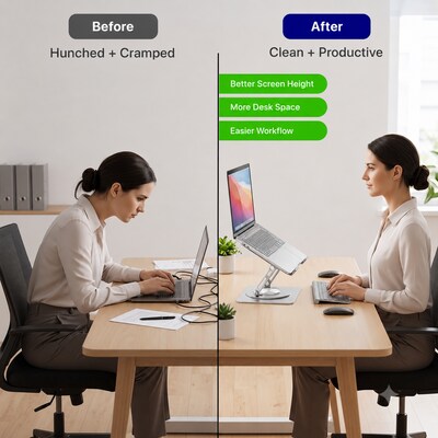 Uncaged Ergonomics Adjustable Swivel Laptop Stand for Desk, Steel, 360° Rotation, Up to 16", Silver