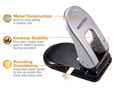 Bostitch EZ Squeeze 2-Hole Punch, 40 Sheet Capacity, Black/Silver (2340)