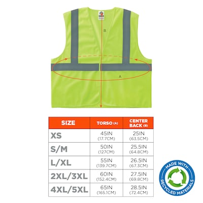 GloWear 8205HL-ECO High Visibility Sleeveless Vest, ANSI Type R Class 2, Lime, XS, (21981)