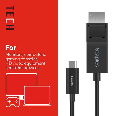 Staples TECH 6 ft. USB-C to Display Port Audio/Video Cable, Male to Male, Black (ST62471)