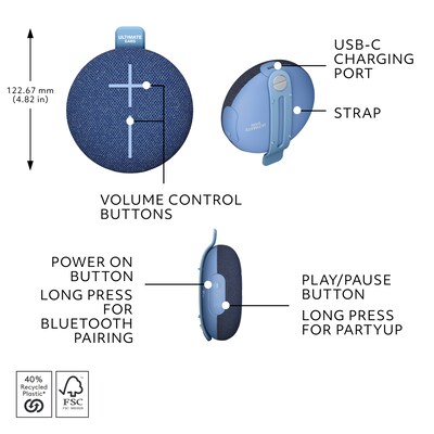 Logitech ULTIMATE EARS MINIROLL Ultra-Portable Bluetooth Speaker, Waterproof, Majestic Blue (984-002020)