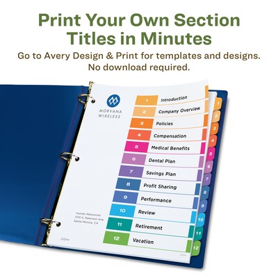 Avery Ready Index Table of Contents EcoFriendly Paper Dividers, 1-12 Tabs, Multicolor, 3 Sets/Pack (11083)