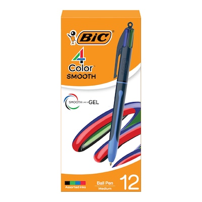 BIC 4-Color Smooth Retractable Ballpoint Pen, Medium Point, Assorted Ink, 12/Pack (MMS11-AST)