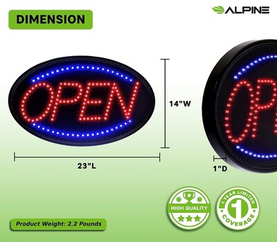 Alpine Industries Open Indoor LED Oval Sign,  23" x 14", 2/Pack (497-02-2PK)