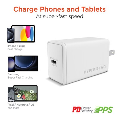 HyperGear SpeedBoost 65W USB-C PD GaN Laptop Wall Charger with PPS, White (15876)