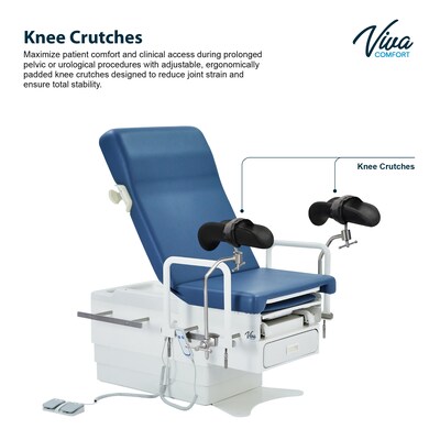 Viva Comfort Pointe Power Electric Pelvic Tilt Exam Table w/Stirrups, Knee Crutches, Hand Rails, 396lbs. Capacity, Blue