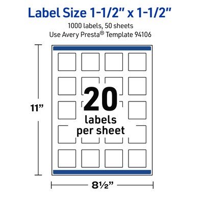 Avery Waterproof Square Laser Multipurpose Labels, 1.5" x 1.5", White, 1000/Box (19479399482)
