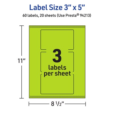 Avery Laser/Inkjet Multipurpose Rectangle Labels, 3" x 5", Bright Green, 60/Pack (94213)