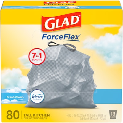 Glad ForceFlex Tall 13 Gallon Drawstring Kitchen Trash Bag, Fresh Clean with Febreze Freshness, White, 80 Total Bags (78534)