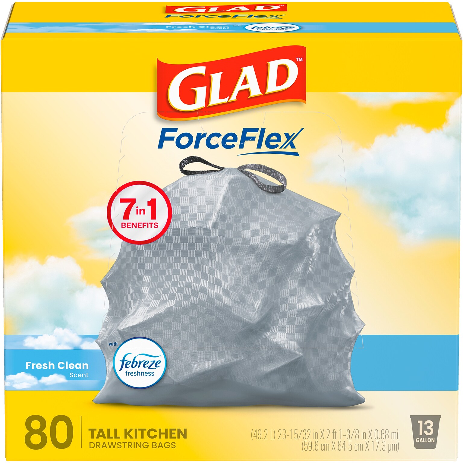Glad ForceFlex Tall 13 Gallon Drawstring Kitchen Trash Bag, Fresh Clean with Febreze Freshness, White, 80 Total Bags (78534)