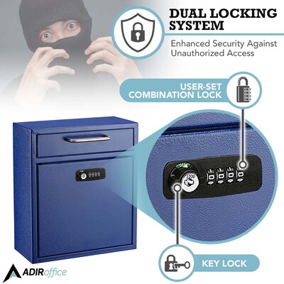 AdirOffice Ultimate Locking Wall Mounted Drop Box with Key and Combination Lock, Medium, Blue (631-05-BLU-KC-PKG)