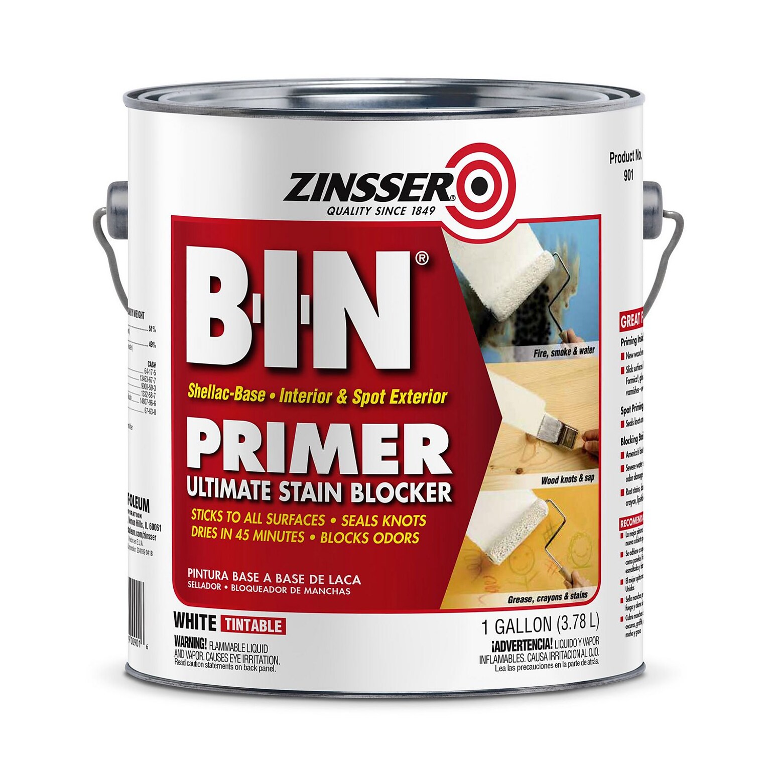 Zinsser BIN Shellac-Base Interior and Spot Exterior Primer, 1 Gallon Bucket, Flat White, 2/Carton (RST320991CT)