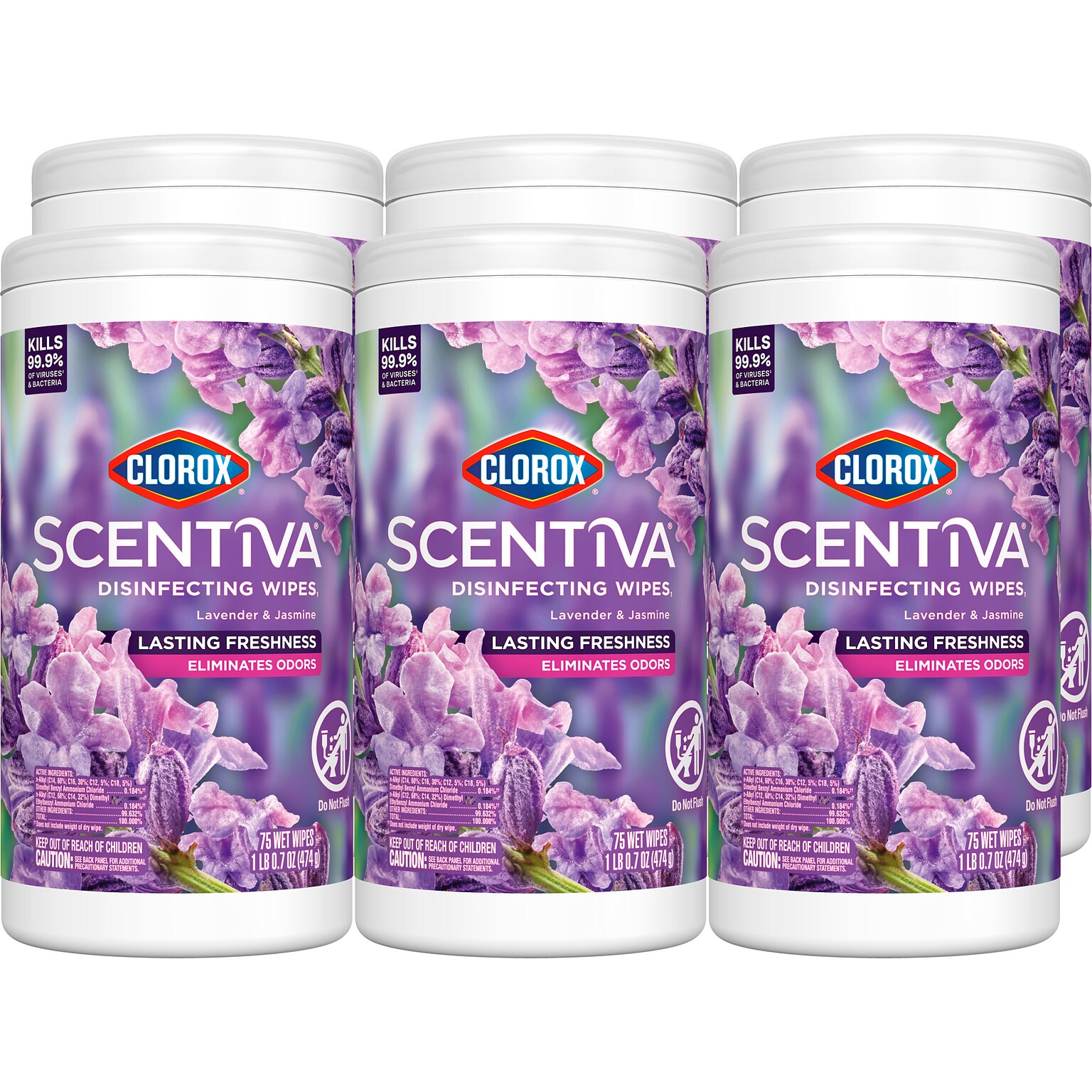Clorox Scentiva Disinfecting Wipes, Lavender and Jasmine Scent, 75 Wipes/Container, 6/Carton (60040CT)