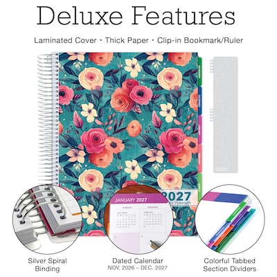 2027 Excello Brands 10.3 x 12.3 Weekly & Monthly Standard Planner, Plastic Cover, Teal Floral (DLX-CY27-0017)
