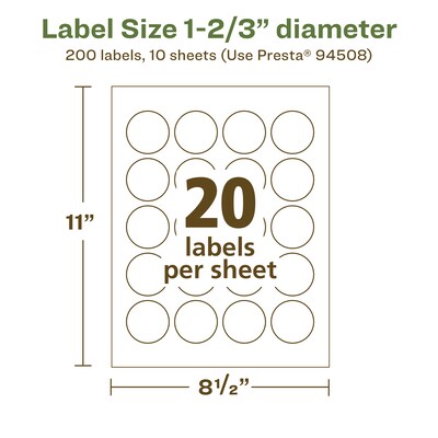 Avery EcoFriendly Laser/Inkjet Circle Multipurpose Labels, 1-2/3" Dia., White, 200/Pack (94508)