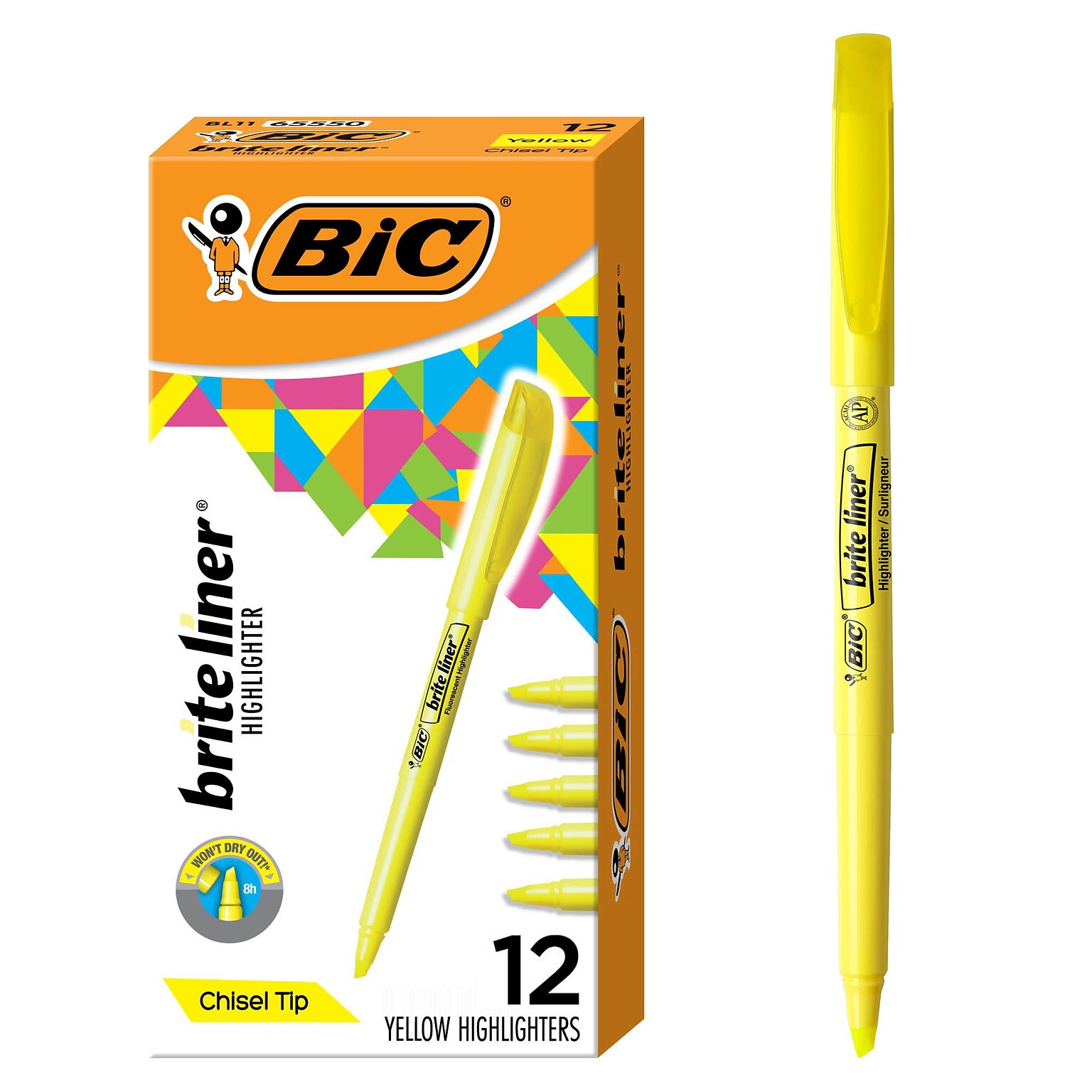 BIC Brite Liner Stick Highlighter, Chisel Tip, Yellow, Dozen (65550)