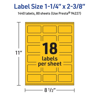 Avery Laser/Inkjet Rectangle Multipurpose Labels, 1-1/4" x 2-3/8", Bright Yellow, 1440/Box (94227)