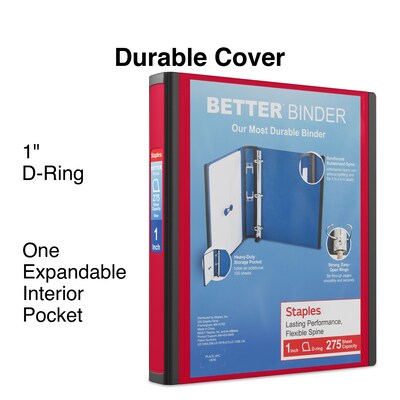 Staples® Better 1" 3 Ring View Binder with D-Rings, Red (18370)