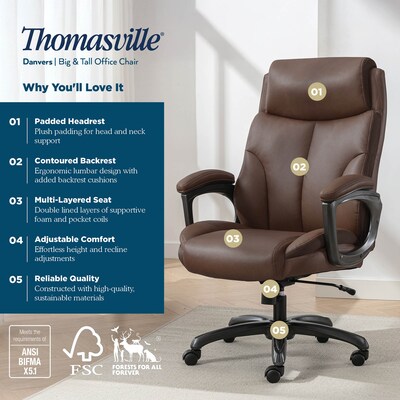 Thomasville Danvers Ergonomic Polyurethane Big & Tall Chair, 400 lb. Capacity, Dark Walnut Brown (52403-DBRN)