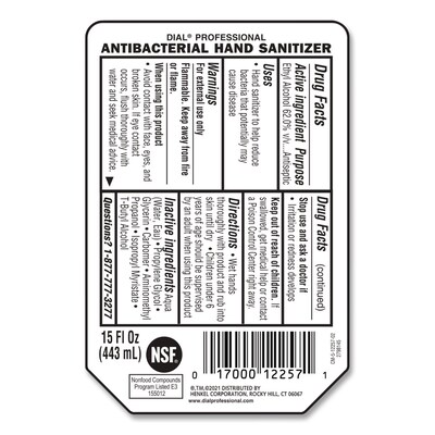 Dial Antibacterial Gel Hand Sanitizer Refill for Versa Dispenser, Fragrance-Free, 15 oz., 6/Carton (DIA12258CT)