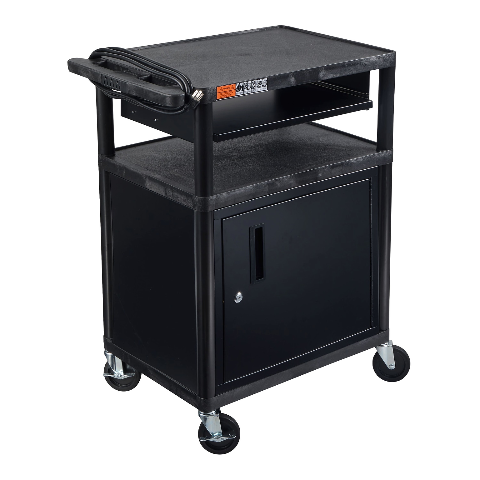 Luxor ENDURA 3-Shelf Media Utility Cart with Cabinet, Keyboard Tray, and Electric Power, Black (LP34CLE-B)