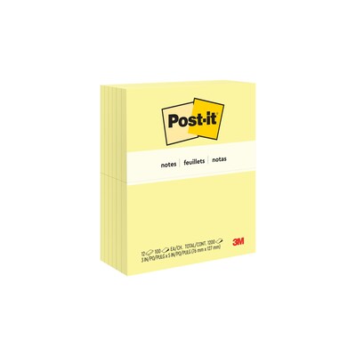 Post-it Notes, 3 x 5, Canary Collection, 100 Sheet/Pad, 12 Pads/Pack (655-YW)