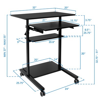 Mount-It! 32" W Mobile Adjustable Standing Desk With Retractable Keyboard Tray, Black (MI-7998B)