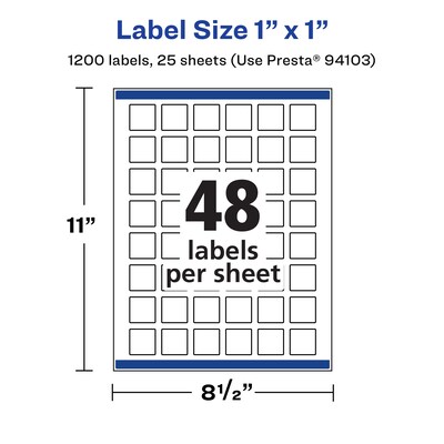 Avery Laser/Inkjet Square Durable Waterproof Labels, 1" x 1", White, 1,200 Labels/Pack (94103)