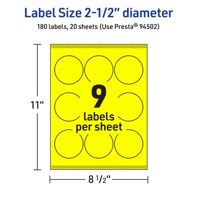 Avery Laser/Inkjet Round Multipurpose Labels, 2.5" Dia., Neon Yellow, 180/Pack (94502)
