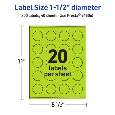 Avery Laser/Inkjet Multipurpose Circle Labels, 1.5" Dia., Bright Green, 800/Pack (94506)