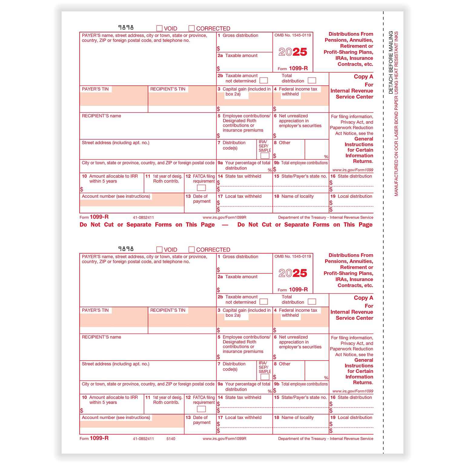 ComplyRight 2025 1099-R Tax Form, 1-Part, 2-Up, Federal Copy A, 50/Pack (514050)