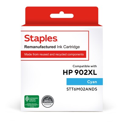 Staples Remanufactured Cyan High Yield Ink Cartridge Replacement for HP 902XL (TRT6M02ANDS/STT6M02ANDS)