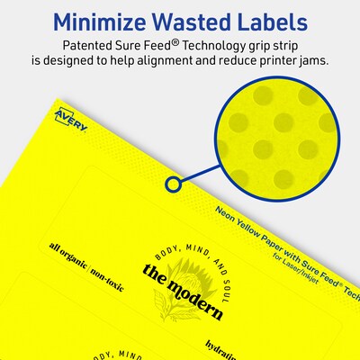 Avery Laser/Inkjet Multipurpose Rectangle Labels, 2" x 6", Neon Yellow, 80/Pack (94242)