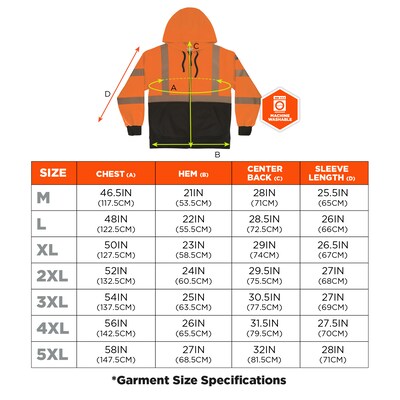 Ergodyne GloWear 8318BK High Visibility Long Sleeve Black Bottom Hooded Zip-Up Sweatshirt, ANSI Type R Class 3, Orange, 2XL