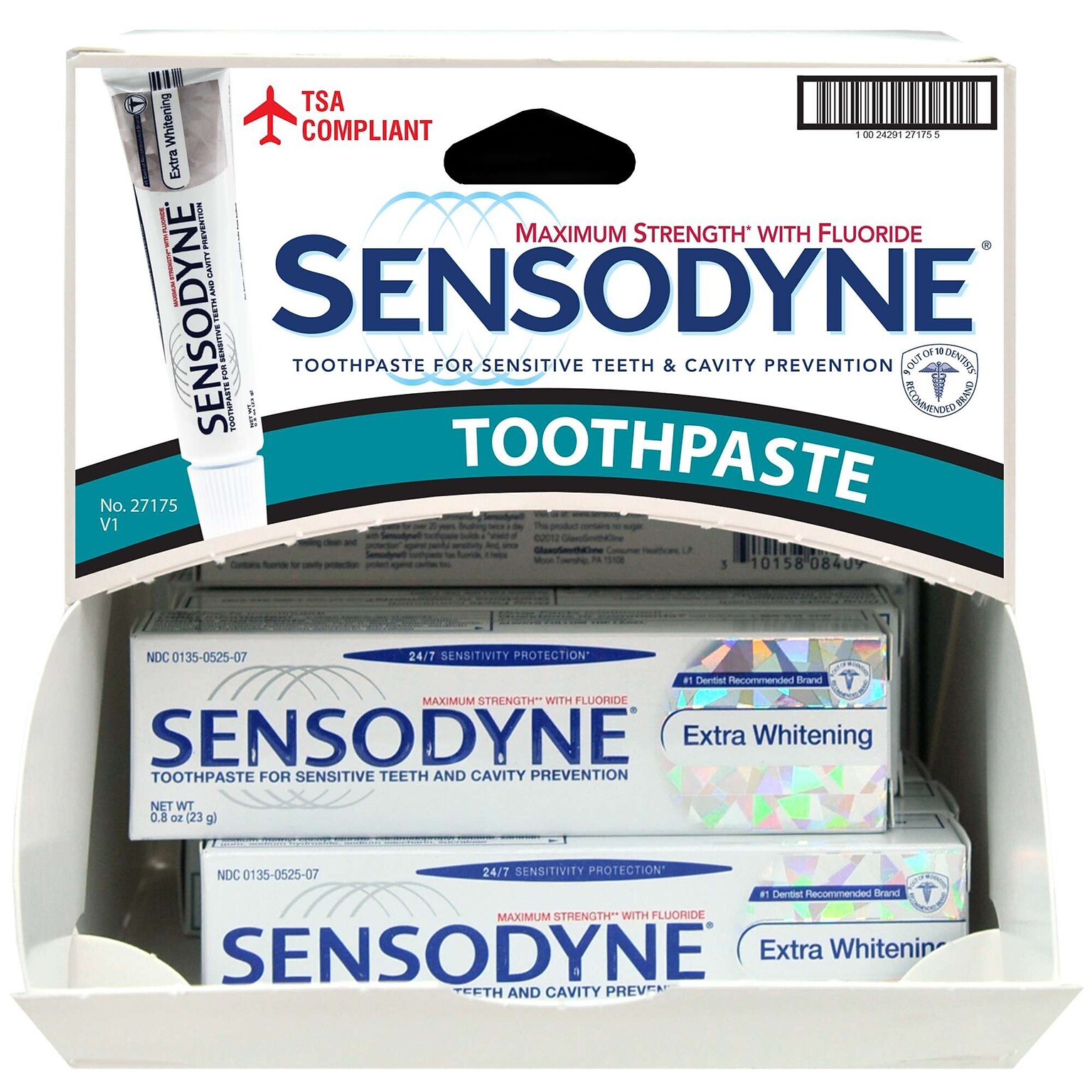 Sensodyne Extra Whitening Toothpaste,  0.8 oz Trial Size Tube, 12 Tubes/Dispensit Box, 12 Dispensit Boxes/Carton