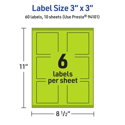 Avery Laser/Inkjet Multipurpose Square Labels, 3" x 3", Bright Green, 60/Pack (94101)
