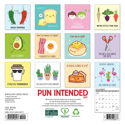 2027 Willow Creek Pun Intended 7 x 7 Monthly Wall Calendar, Assorted Colors (64177)