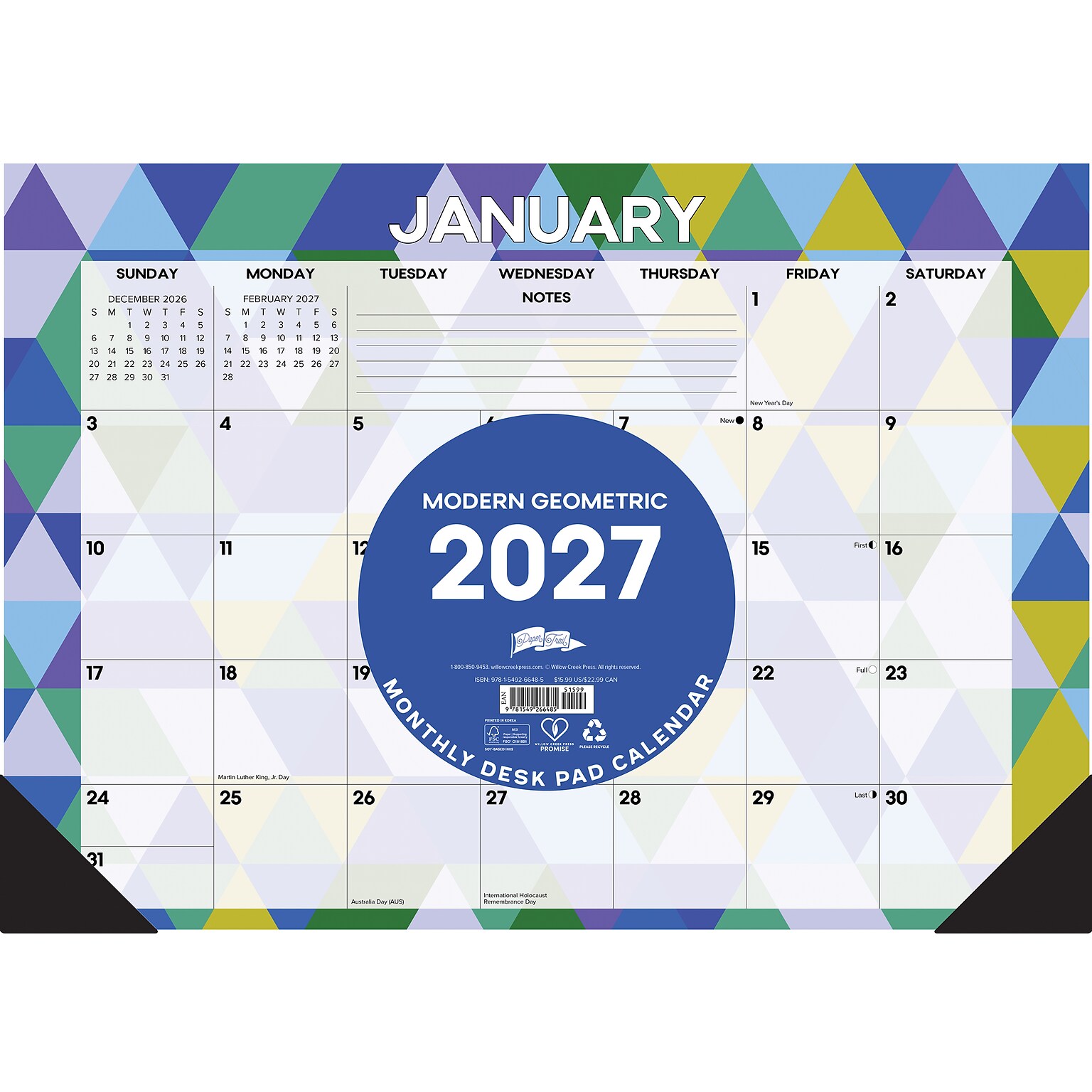 2027 Willow Creek Modern Geometric 17 x 12 Monthly Desk Pad Calendar, Assorted Colors (66485)