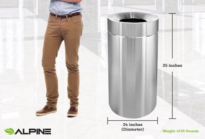 Alpine Industries Stainless Steel Trash Can with Open Lid, 100 Gallon, Silver, 2/Pack (ALP475-50-2PK)
