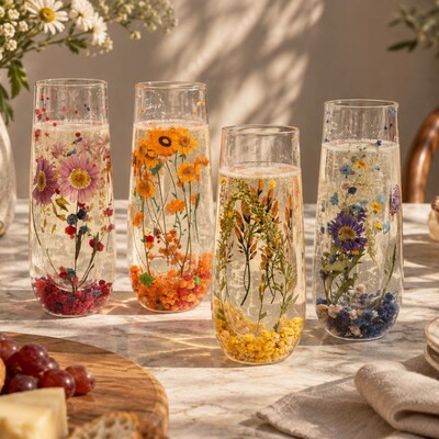 Double Wall Harvest Bloom Stemless Flute/Bud Vase, Set of 4