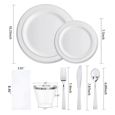Round Elama Plastic Dinnerware Set, White/Silver, 350 Piece (935123347M)