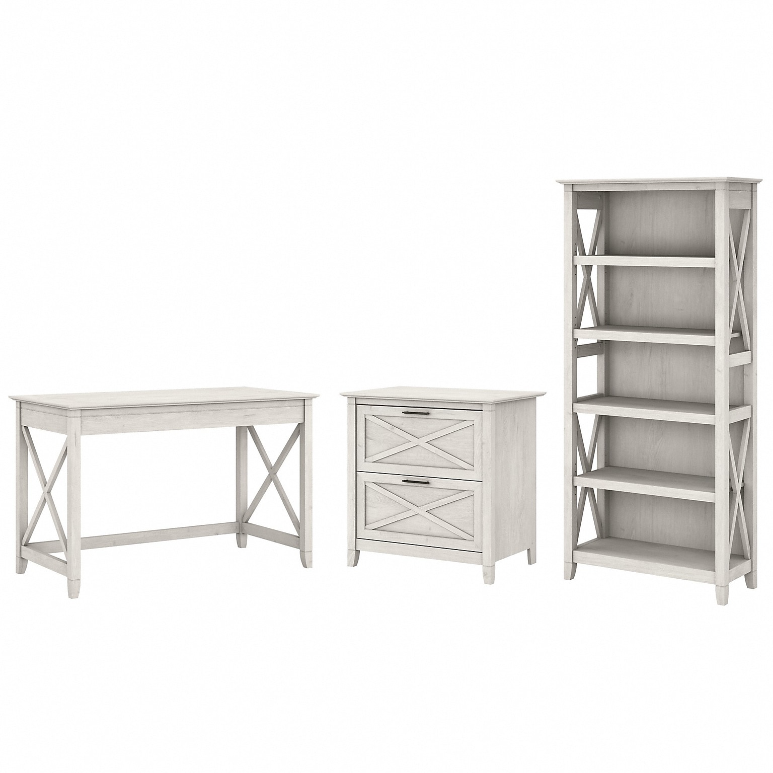 Bush Furniture Key West 48W Writing Desk with 2 Drawer Lateral File Cabinet and 5 Shelf Bookcase, Linen White Oak (KWS004LW)